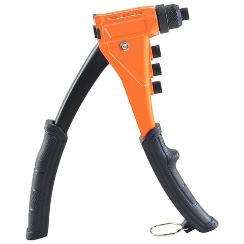Heavy Duty Single Hand Pop Rivet Gun Kit with ergonomic grip and four swappable tips for metal repair work.
