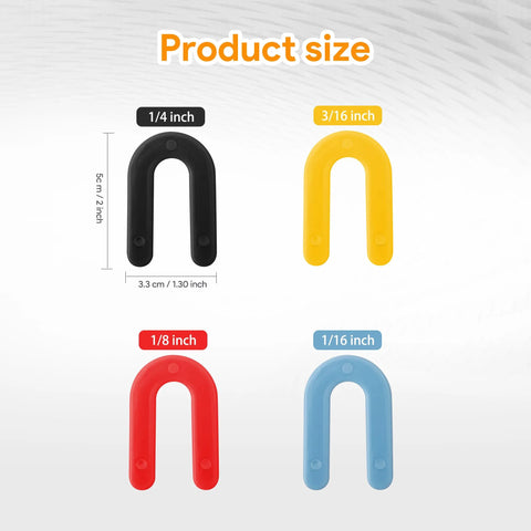 ZUXUSE plastic horseshoe shims set in four colors: blue 1/16, red 1/8, yellow 3/16, black 1/4 for leveling.