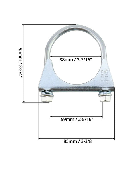 Two-Pack U-Bolt Muffler Tip Exhaust Clip For 2-1/4 In OD Tubing with dimensions labeled, galvanized carbon steel for silencer mount.