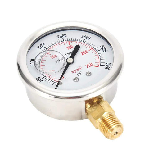 Built Tough Stainless Steel Hydraulic Liquid Filled Fuel Pressure Gauge Featuring Silver Dial And Precise Measurements From Zero To Three Thousand Five Hundred Psi For Badass Engine Mods And Top Shelf Automotive Performance Upgrades