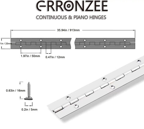 36 Inch Stainless Steel Piano Hinge Continuous Heavy Duty Built To Last With 0.039 Inch Leaf Thickness, 1 Inch Open Width And Screws Included For Cabinets Doors Chests And Tool Boxes, featuring hinge dimensions and screw size