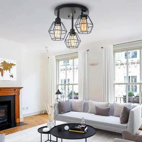 Industrial Dope Pull Chain Ceiling Light Fixture With Black Metal Cage Semi Flush Mount Three Light Edison E26 in modern living room