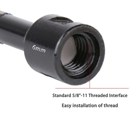 Close-up of diamond core drill bit end with 5/8-11 threaded interface; black vacuum-brazed hole saw with 6mm marking