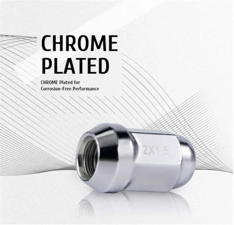 Chrome Wheel Lug Stud Nut Set 12x1.50 For Honda And Acura Vehicles, close-up view of chrome-plated lug nut with threads visible