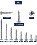 100 Pack 10 Gauge 1 Inch Truss Head Self Tapping Wood Screws Featuring Phillips Drive Made From Solid 304 Stainless Steel display