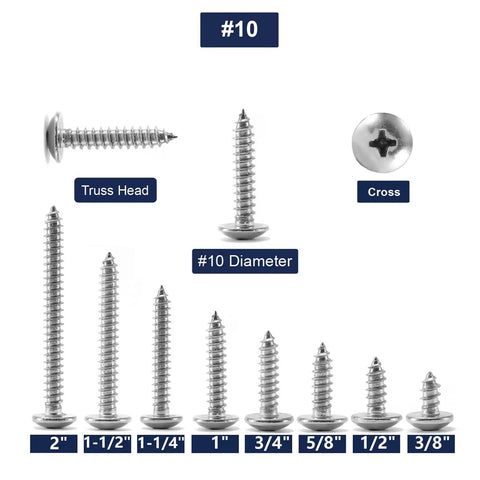 100 Pack 10 Gauge 1 Inch Truss Head Self Tapping Wood Screws Featuring Phillips Drive Made From Solid 304 Stainless Steel display