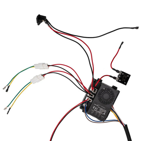 24V Ride On Toy Wiring Harness Conversion Kit With 2.4G Wireless Switch Box, multicolored wires and black controller, angle view