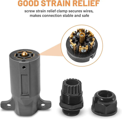 Detachable 7 Way RV Style Trailer Plug With IP68 Waterproof Seal 2 Pack Round Trailer Side Connector components display