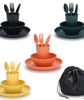 Camping Mess Kit For Four With Plates Bowls Cups Utensils And Carry Bag Food Grade Plastic Outdoor Dinnerware Gear