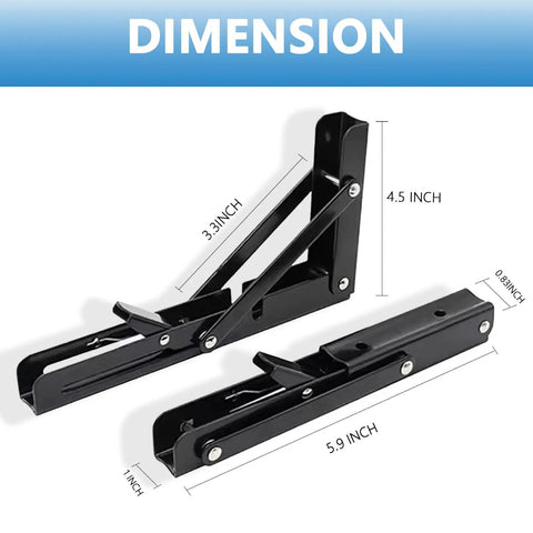 Heavy Duty Folding Shelf Bracket Six Inch Wall Mounted Collapsible Workbench Support with dimensions shown on a black background.