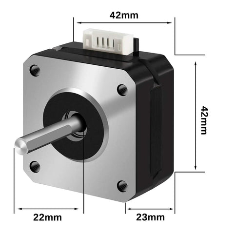 Front view of a 42x23mm Nema 17 Stepper Motor with 4 lead wire, showing dimensions and shaft component.
