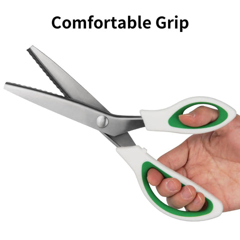 Pinking Shears 9 Inch Zigzag Craft Scissors With Decorative Edge For Fabric Cutting and Dressmaking shown with ergonomic comfort grips.