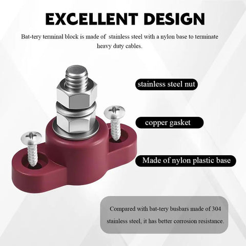 Straight Up Solid 2 Pack Insulated Power Distribution Block With 5/16 Single Stud Battery Junction Adapter For Rig Ready Auto Boat Marine Electrical Wiring Zero Drama, showing stainless steel and nylon construction.