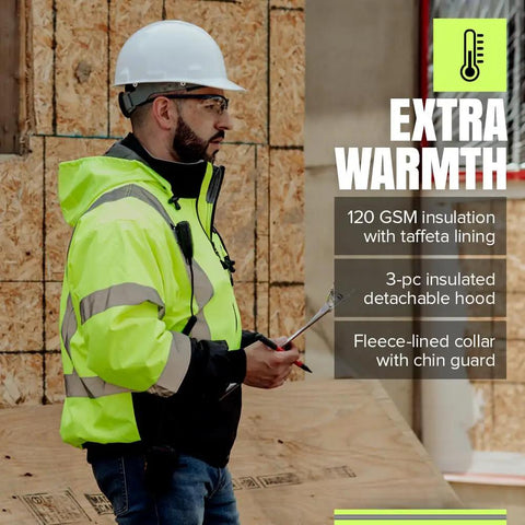 Hi Vis Heated Bomber Jacket For Men With Reflective Tape Waterproof Class 3 Winter Rain Gear Detachable Hood USB Heated