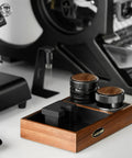 Espresso Tamper 58.35mm Professional Hand Tamper With Slow Rebound Spring Return Adjustable Depth Palm Grip Stainless Steel Threaded Base Coffee Tamper displayed with walnut tray on a kitchen counter
