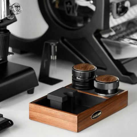 Espresso Tamper 58.35mm Professional Hand Tamper With Slow Rebound Spring Return Adjustable Depth Palm Grip Stainless Steel Threaded Base Coffee Tamper displayed with walnut tray on a kitchen counter