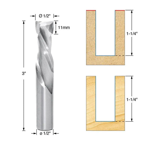 CNC Solid Carbide Compression Spiral Router Bit Pro Grade One Half Inch Diameter, One And One Quarter Inch Cutting Length, diagram shown
