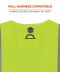 Back view of Worksite Ready Class 2 FR Modacrylic Safety Vest Lime Large-X-Large US with D-ring access slot for harness