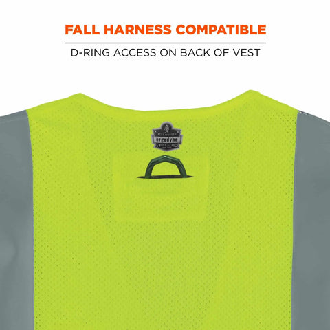 Back view of Worksite Ready Class 2 FR Modacrylic Safety Vest Lime Large-X-Large US with D-ring access slot for harness