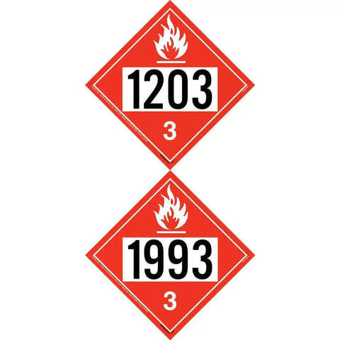 Ten Pack Class 3 Flammable Liquid Placards, 10.75 Inch Laminated Plastic, Temporary Use, DOT Hazmat Compliant With UN 1993 And UN 1203 IDs