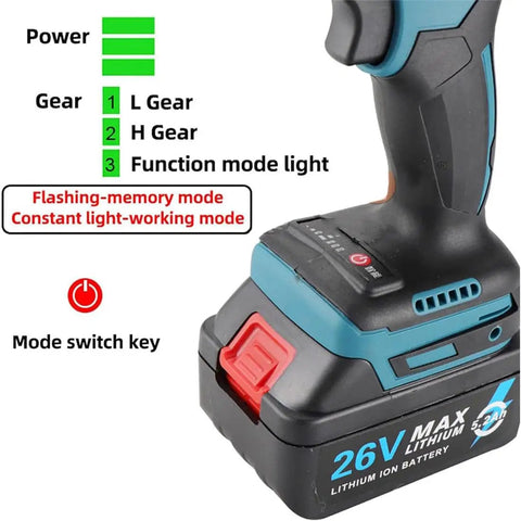 Heavy Duty Cordless Rivet Nut Gun With Brushless Motor And Rechargeable Battery Pack showing battery power indicator and mode switch.