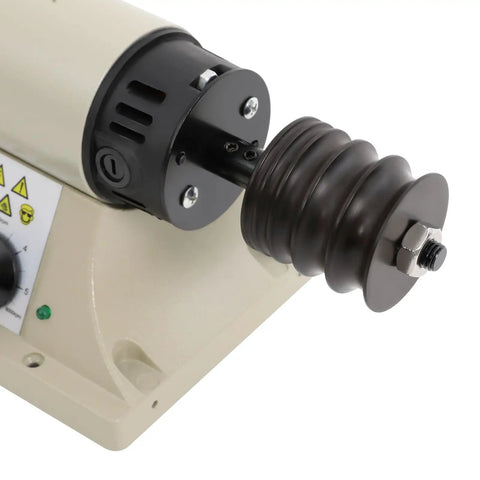 Heavy Duty 350W Electric Leather Edge Polisher built tough with adjustable speed and sanding belt attachment close-up.