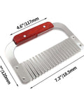 Angled view of stainless steel crinkle cutter with wooden handle; wavy blade for vegetables, about 7.3 in long