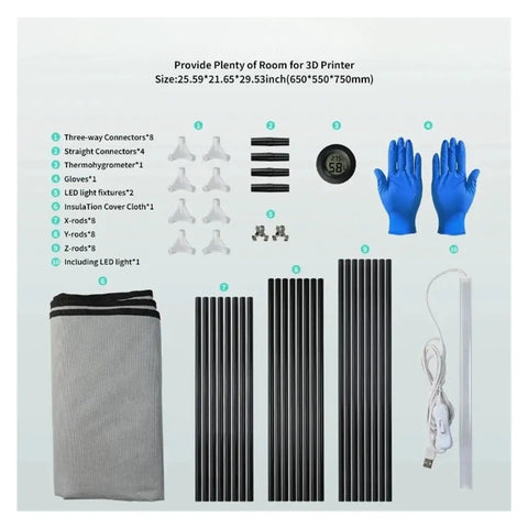 Contents of Pro Grade Heavy Duty Enclosure For 3D Printer A1 And A1 Mini with connectors, thermometer, gloves, and LED light.