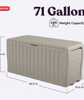 Marvel Plus 71 Gallon Resin Outdoor Storage Box for Patio Cushions Throws Garden Tools and Pool Floats All Weather Wood Look Beige Deck Storage Bin Outdoors, side view with dimensions