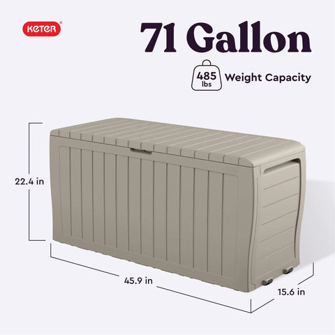 Marvel Plus 71 Gallon Resin Outdoor Storage Box for Patio Cushions Throws Garden Tools and Pool Floats All Weather Wood Look Beige Deck Storage Bin Outdoors, side view with dimensions