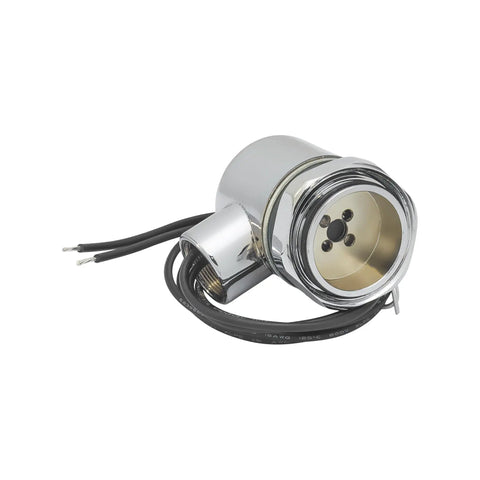 Close-up of 24 Volt Electronic Solenoid Assembly With Exposed Installation For Flushometer Sensor Valves, chrome finish, wires visible.