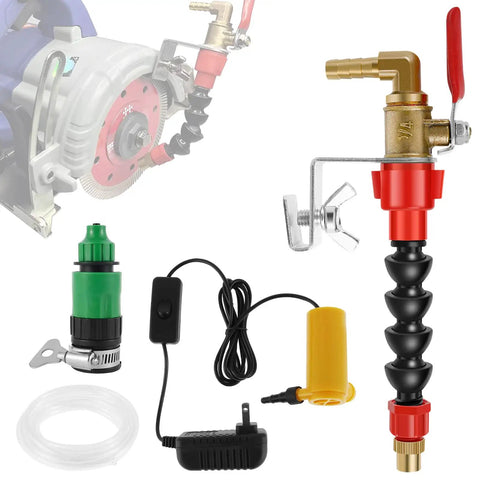 Plug And Go Dust Control Water Sprayer For Angle Grinders showing sprayer kit, 16-foot hose, and components for fast assembly.