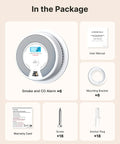 Interconnected Smoke And CO Alarm 6 Pack With Wireless Interconnection No WiFi 10 Year Sealed Lithium Battery Maintenance Free No Drama Battery Changes Easy Setup Loud Siren Low Battery Chirp Free Home Safety with manual, bracket, screws and anchors