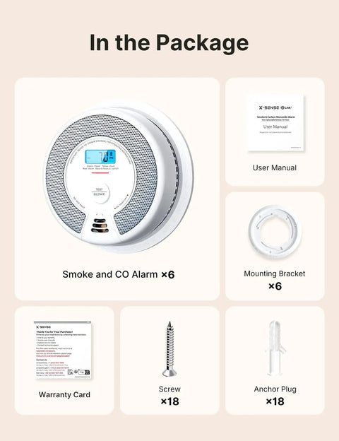 Interconnected Smoke And CO Alarm 6 Pack With Wireless Interconnection No WiFi 10 Year Sealed Lithium Battery Maintenance Free No Drama Battery Changes Easy Setup Loud Siren Low Battery Chirp Free Home Safety with manual, bracket, screws and anchors