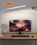 Ultra Versatile LED Desk Lamp With Clamp, flexible gooseneck arm positioned over computer monitor on wooden desk