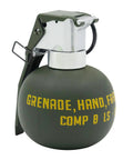 Army green dummy grenade replica made from durable nylon plastic for airsoft tactics and cosplay gear, lightweight, nonfunctional prop.