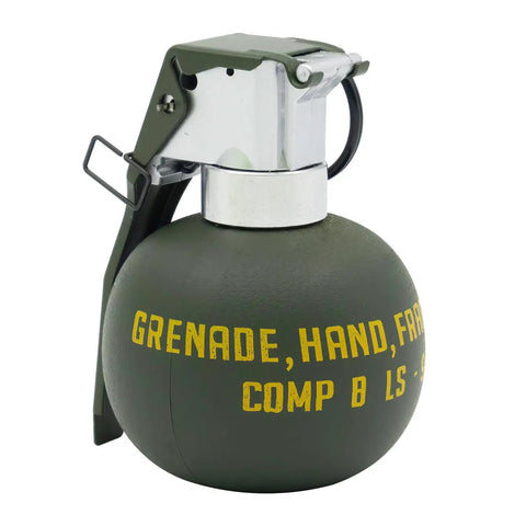 Army green dummy grenade replica made from durable nylon plastic for airsoft tactics and cosplay gear, lightweight, nonfunctional prop.