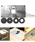 Premium Aluminum Router Table Insert Plate For Woodworking Benches with four centering rings, screws, and mounting kit.