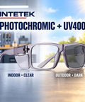 Real Deal Job Site Safety Glasses With Smash Proof Polycarbonate Lenses Anti Fog UV400 Blue Light Blockers Z87 Certified Badass Eye Protection For Crews, showing clear and dark tinted lenses, photochromic feature.