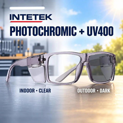 Real Deal Job Site Safety Glasses With Smash Proof Polycarbonate Lenses Anti Fog UV400 Blue Light Blockers Z87 Certified Badass Eye Protection For Crews, showing clear and dark tinted lenses, photochromic feature.