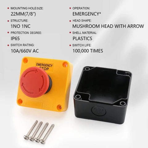 Industrial Emergency Stop Switch With Enclosure Red Mushroom Button 660V 10A 1NO 1NC IP65 Weatherproof E Stop Station