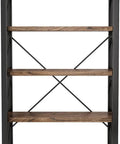 Front view of 5 Tier Rustic Solid Wood Bookshelf With Industrial Metal Frame, showcasing vintage brown real wood shelves and black metal frame.