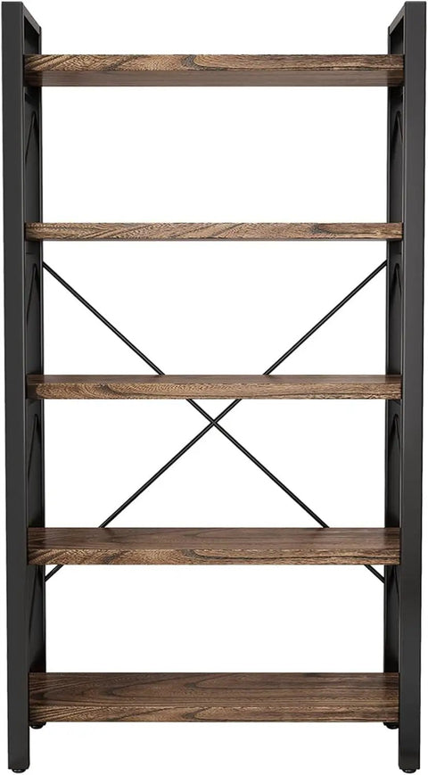 Front view of 5 Tier Rustic Solid Wood Bookshelf With Industrial Metal Frame, showcasing vintage brown real wood shelves and black metal frame.