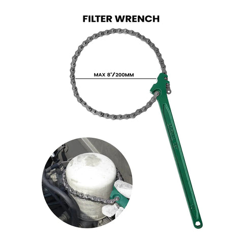 Beefy 15 Inch Heavy Duty Chain Wrench for Semi Trucks, Adjustable Ratcheting Oil Filter Spanner with green handle and max 8 inch diameter
