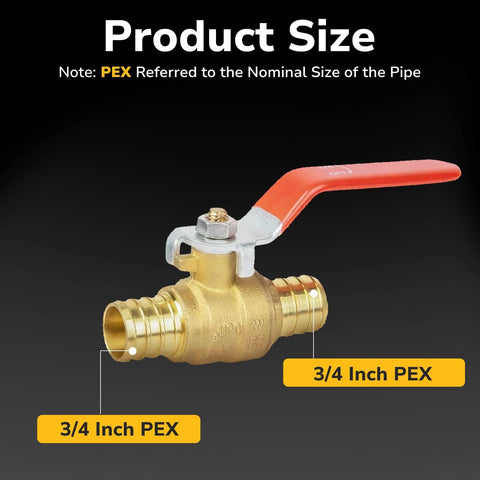Brass 3/4 inch PEX ball valve with orange lever handle, full-port shut-off with crimp ends for hot/cold water