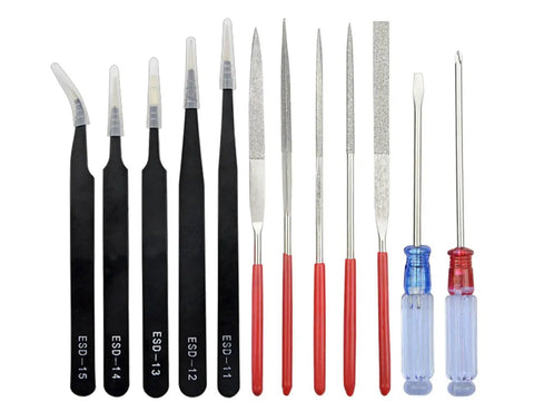 Pro 33 Piece Model Tools Kit For Gundam And Car Models, Hobby Craft Set showing tweezers, files, and screwdrivers on white background