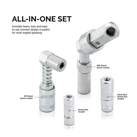 All-In-One Grease Gun Kit With Attachments And 90-Degree Swivel For Home Garage And Shop Industrial Quality Lubrication Accessory Set Fits Most Couplers Easy Connect Design For Fast Pro-Grade Maintenance showing various couplers and 90-degree swivel.