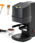 Commercial 58mm Espresso Tamper With Adjustable Pressure Control Stainless Steel Manual Coffee Press Tool, black unit with portafilter.