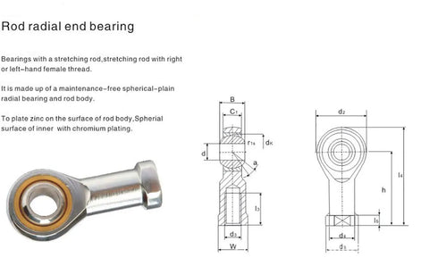 10mm Bore Self Lubricating Rod End Bearing, Female Thread, Right Hand, 2 Pack, Metal Joint For CNC Machines, Machinery, Power Tools, Automation Equipment shown with dimensions