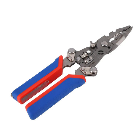 Yunseity 16 In 1 Folding Wire Stripper Pliers Crimper Tool Heavy Duty with blue and red handles for electricians and homeowners.